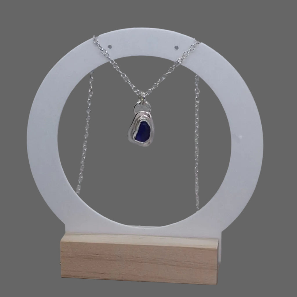 Blue Sea Glass Solitaire Pendant | Sterling Silver